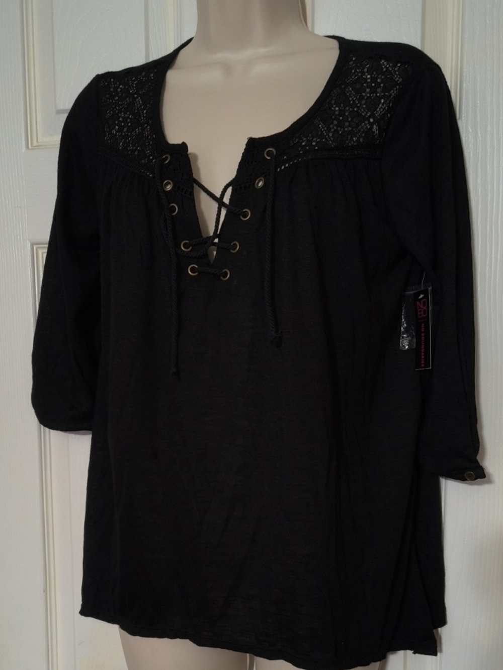 No Boundaries Black Lace Yoke Lace-Up Women's Blouse